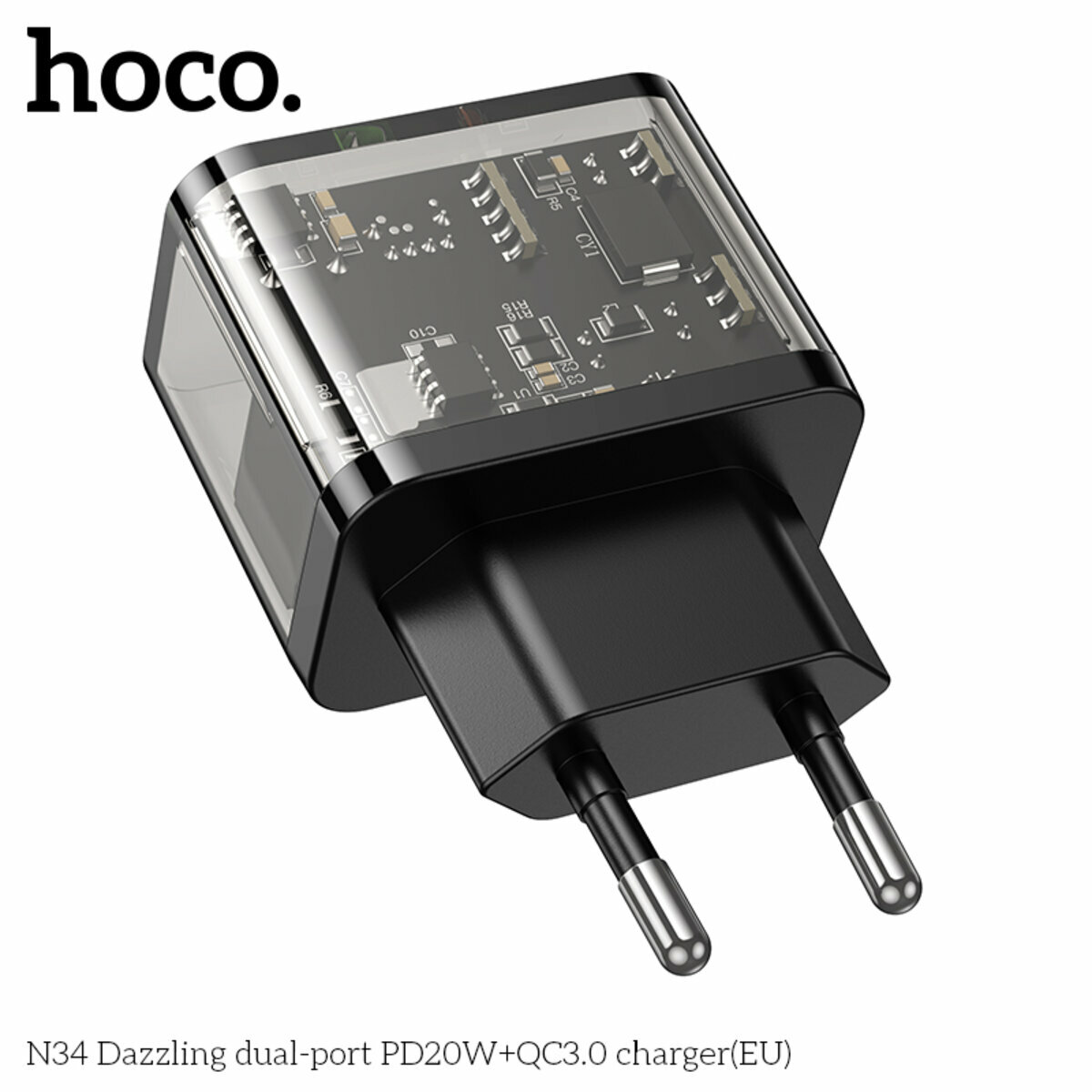 Мережевий зарядний пристрій Hoco N34 Dazzling PD20W+QC3.0 чорний прозорий (HC-N34-Black) дивитися фото №6