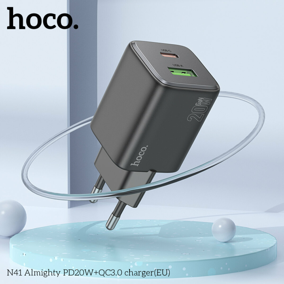 Мережевий зарядний пристрій Hoco N41 Almighty PD20W+QC3.0 чорний (HC-N41-Black) дивитися фото №4