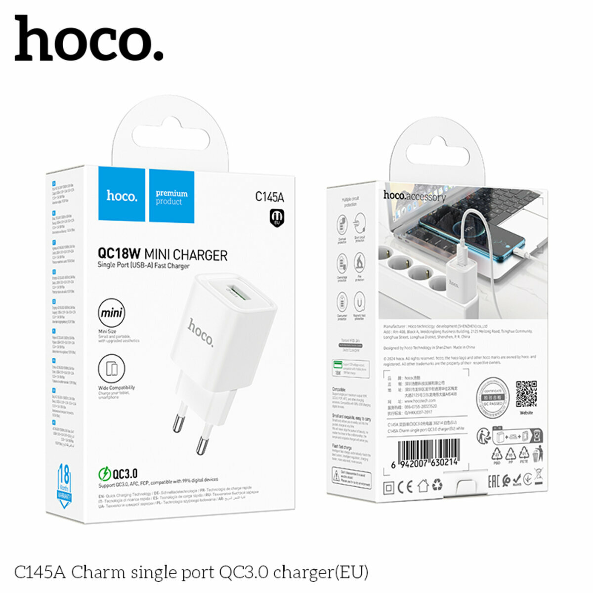 Мережевий зарядний пристрій Hoco C145A Charm QC3.0 білий (HC-C145A-White) дивитися фото №5