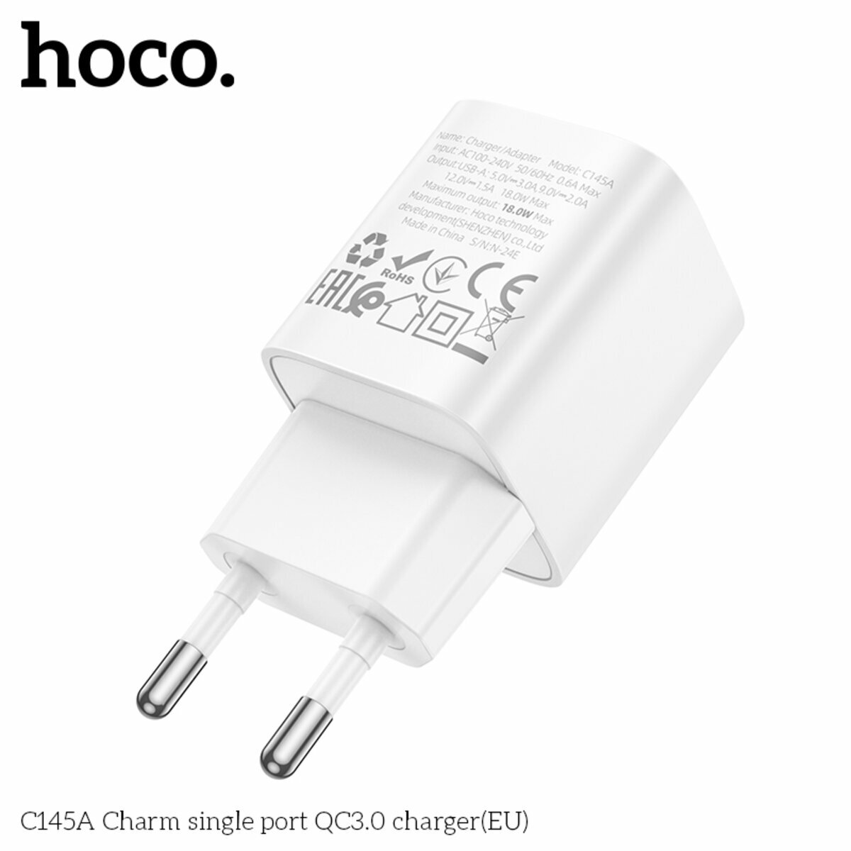 Мережевий зарядний пристрій Hoco C145A Charm QC3.0 білий (HC-C145A-White) дивитися фото №2