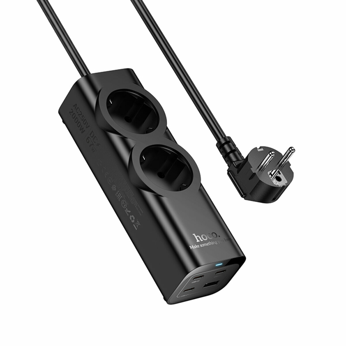 Сетевой фильтр Hoco NS10 Wisdom (2 розетки+USB-A+3USB-C) PD67W 2м черный (HC-NS10-Black) смотреть фото №1