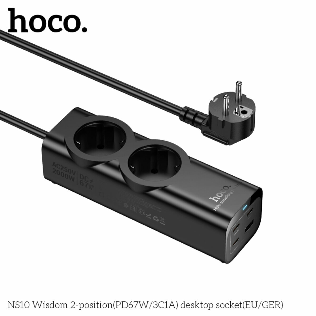 Сетевой фильтр Hoco NS10 Wisdom (2 розетки+USB-A+3USB-C) PD67W 2м черный (HC-NS10-Black) смотреть фото №4