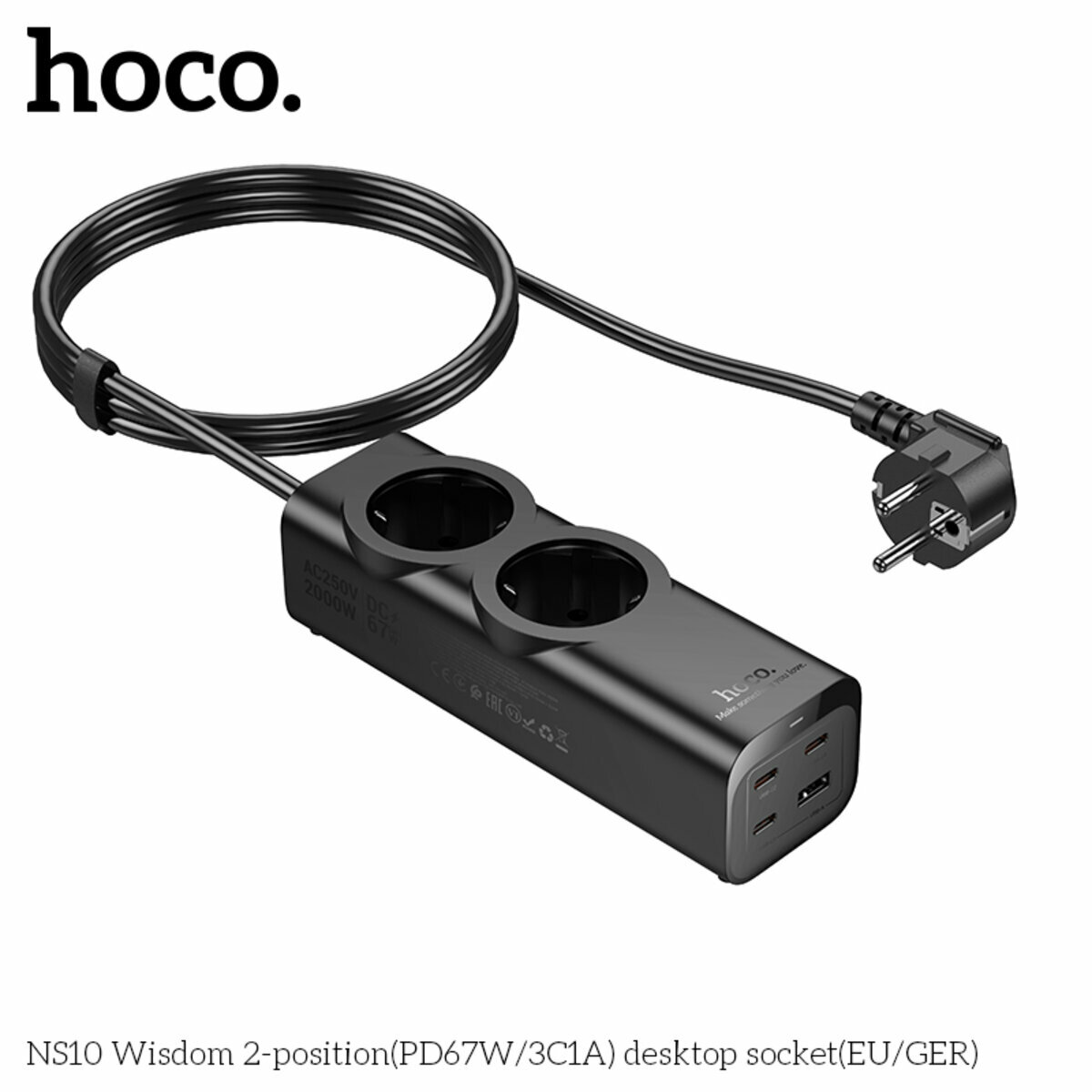 Сетевой фильтр Hoco NS10 Wisdom (2 розетки+USB-A+3USB-C) PD67W 2м черный (HC-NS10-Black) смотреть фото №6