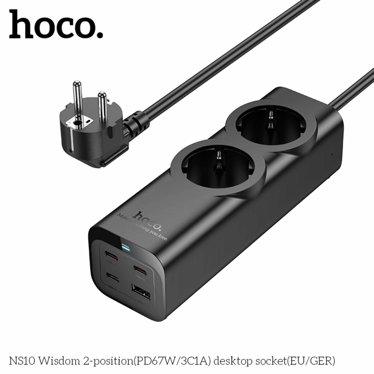 Сетевой фильтр Hoco NS10 Wisdom (2 розетки+USB-A+3USB-C) PD67W 2м черный (HC-NS10-Black) смотреть фото №2