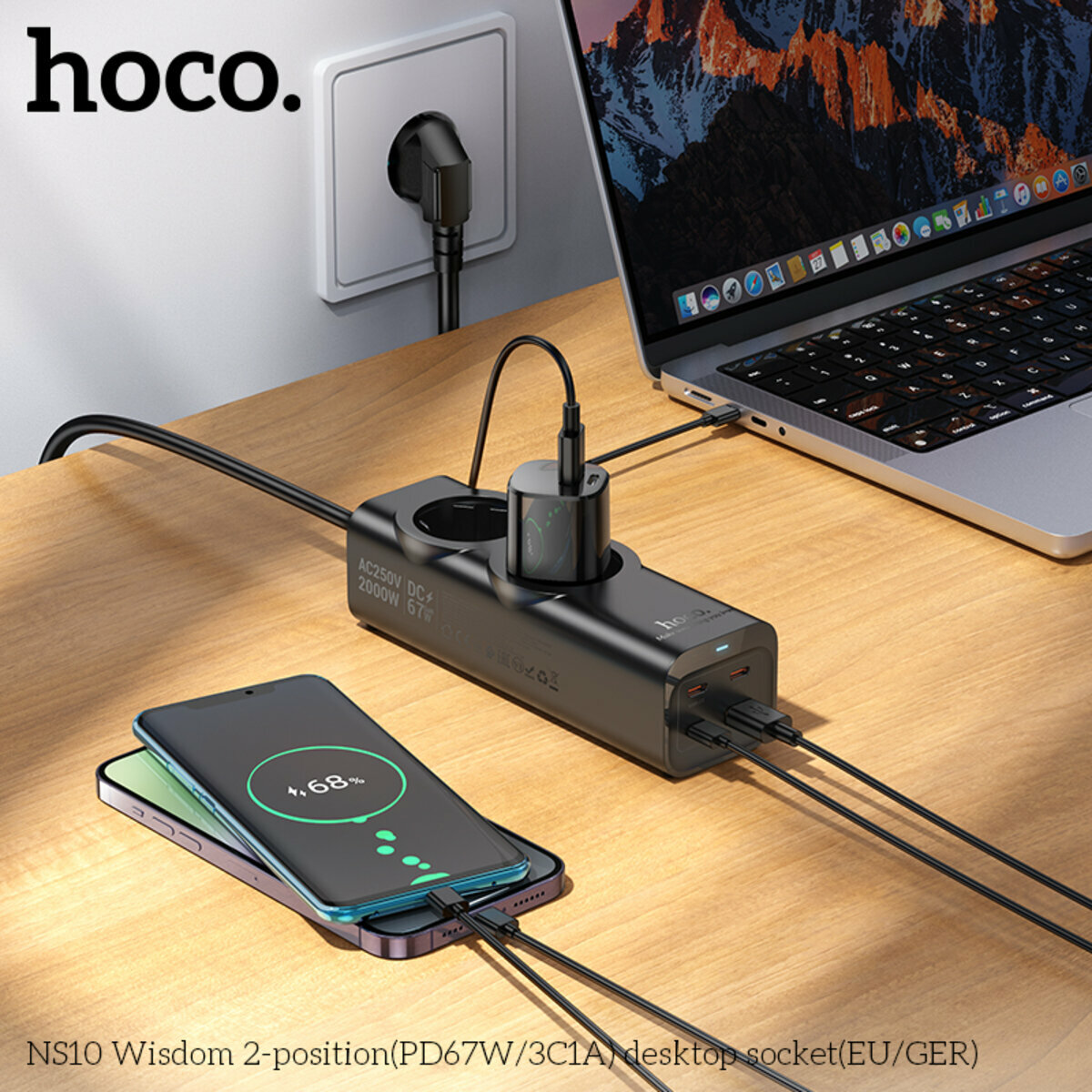 Сетевой фильтр Hoco NS10 Wisdom (2 розетки+USB-A+3USB-C) PD67W 2м черный (HC-NS10-Black) смотреть фото №7