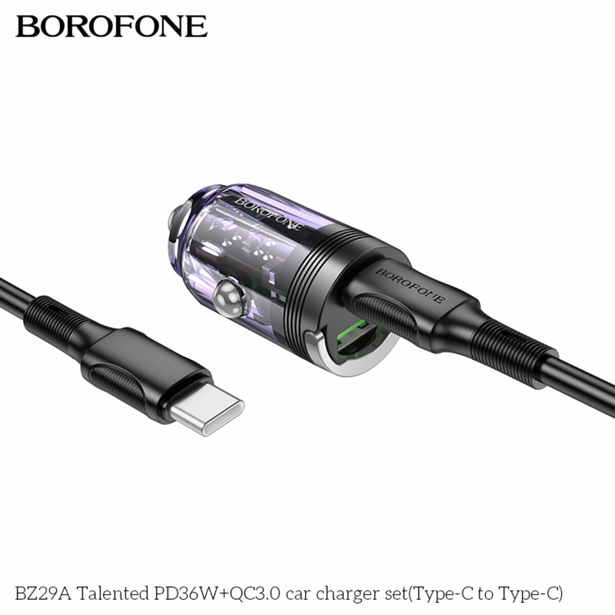 Автомобільний зарядний пристрій Borofone BZ29A Talented PD36W+QC3.0 + Type-C кабель прозорий фіолетовий (BF-BZ29A-CC-Purple) дивитися фото №5
