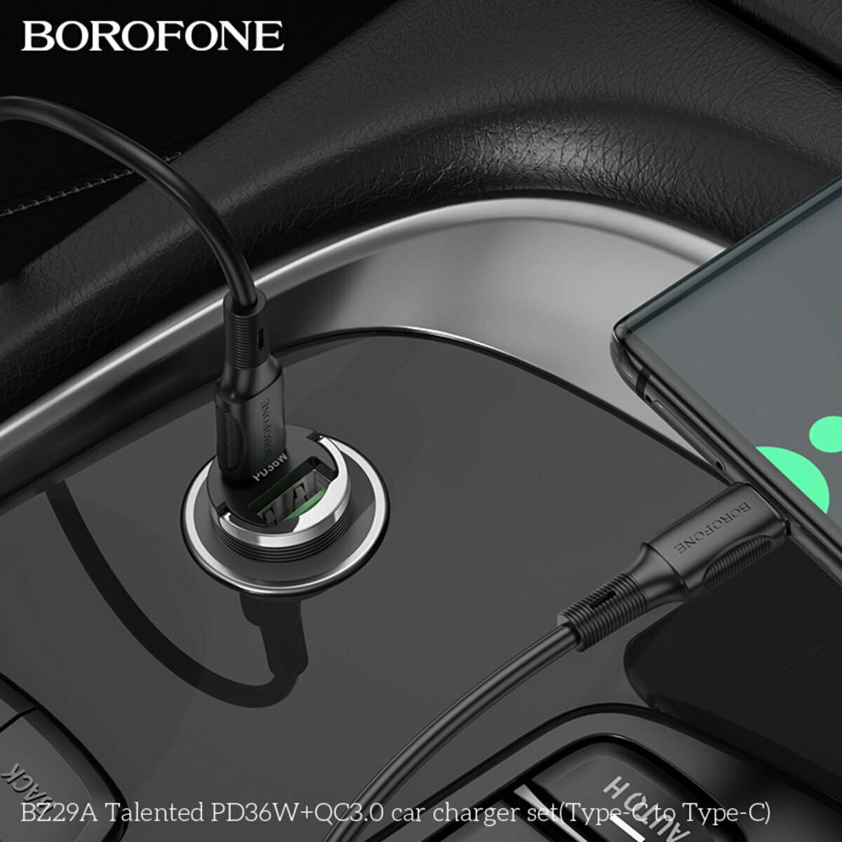 Автомобільний зарядний пристрій Borofone BZ29A Talented PD36W+QC3.0 + Type-C кабель прозорий фіолетовий (BF-BZ29A-CC-Purple) дивитися фото №3
