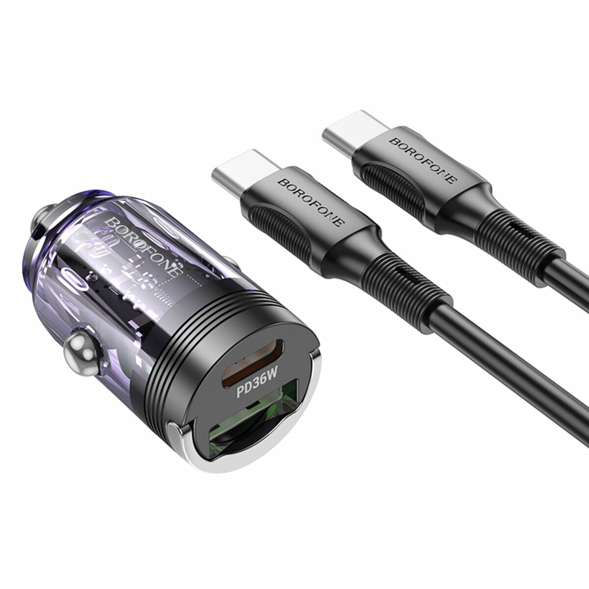 Автомобільний зарядний пристрій Borofone BZ29A Talented PD36W+QC3.0 + Type-C кабель прозорий фіолетовий (BF-BZ29A-CC-Purple) дивитися фото №1