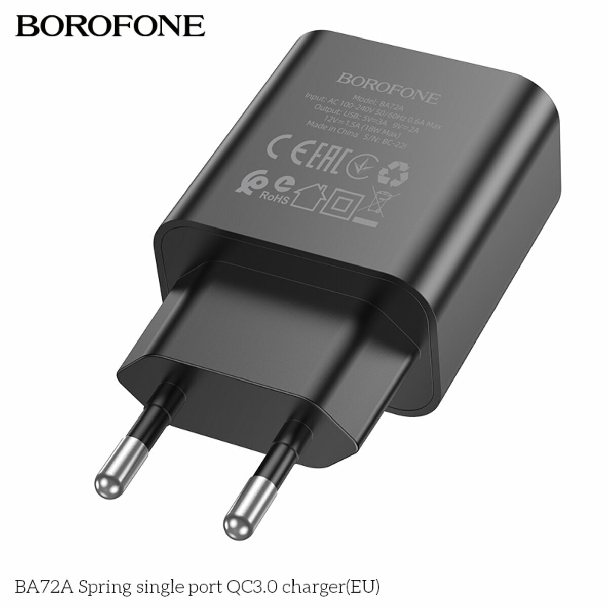 Мережевий зарядний пристрій Borofone BA72A Spring QC3.0 чорний (BF-BA72A-Black) дивитися фото №5