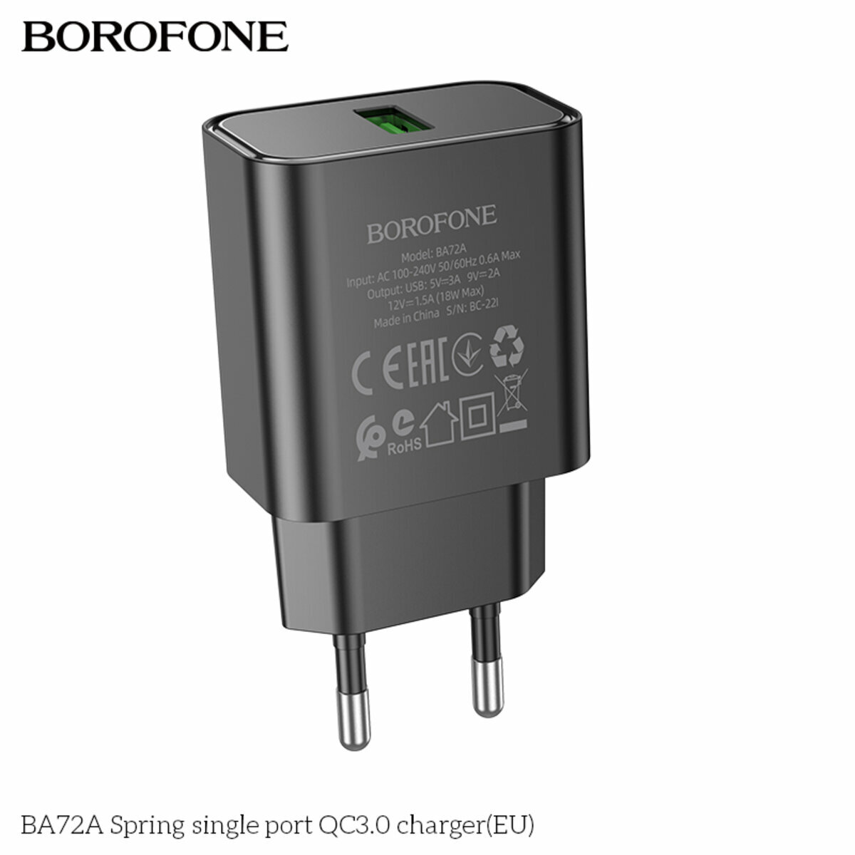 Мережевий зарядний пристрій Borofone BA72A Spring QC3.0 чорний (BF-BA72A-Black) дивитися фото №4