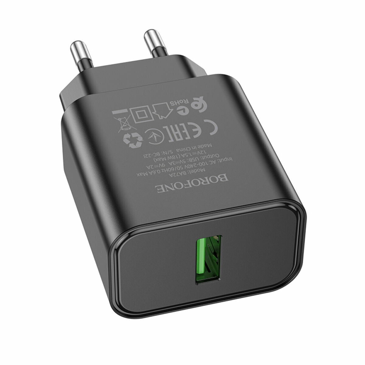 Мережевий зарядний пристрій Borofone BA72A Spring QC3.0 чорний (BF-BA72A-Black) дивитися фото №1