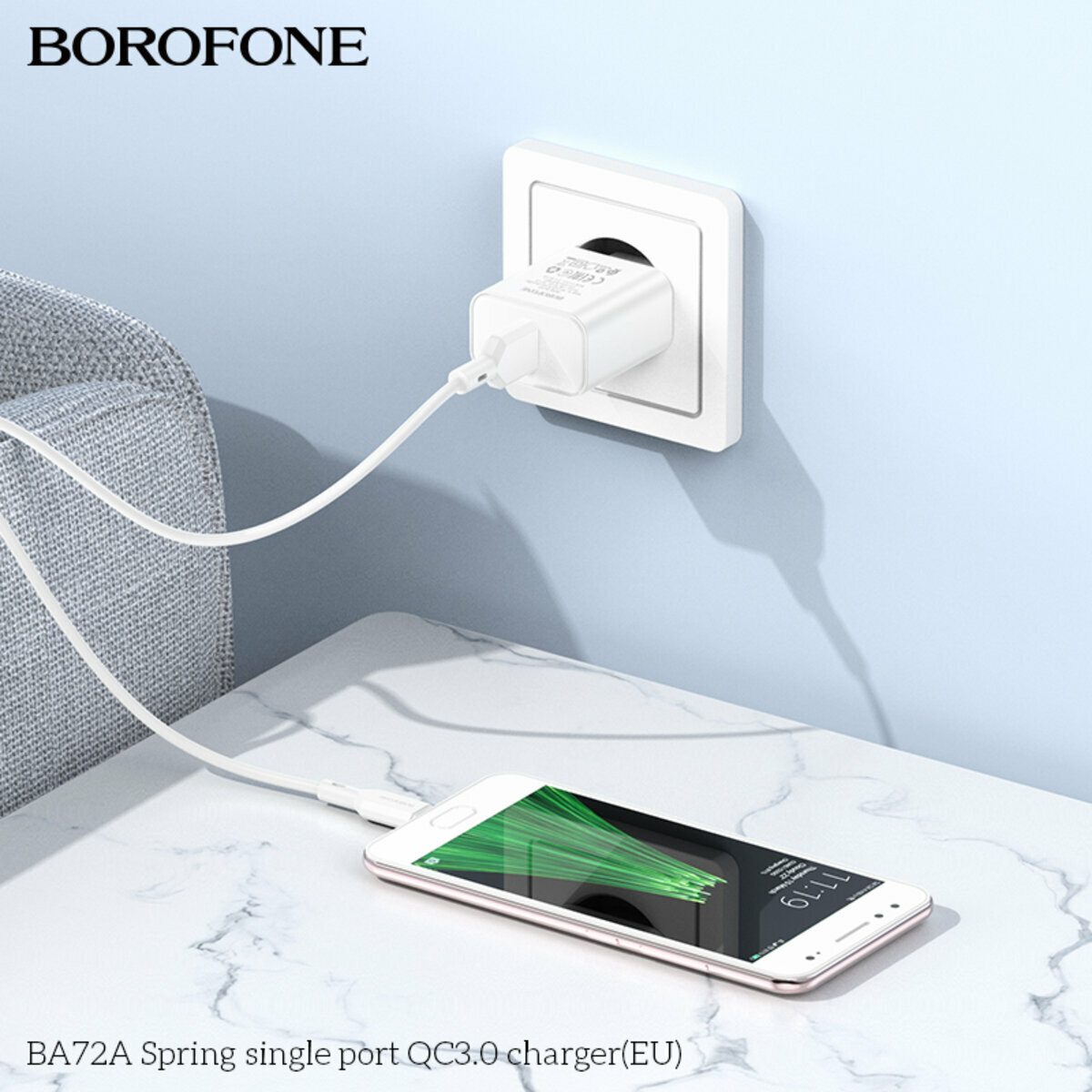 Мережевий зарядний пристрій Borofone BA72A Spring QC3.0 білий (BF-BA72A-White) дивитися фото №3