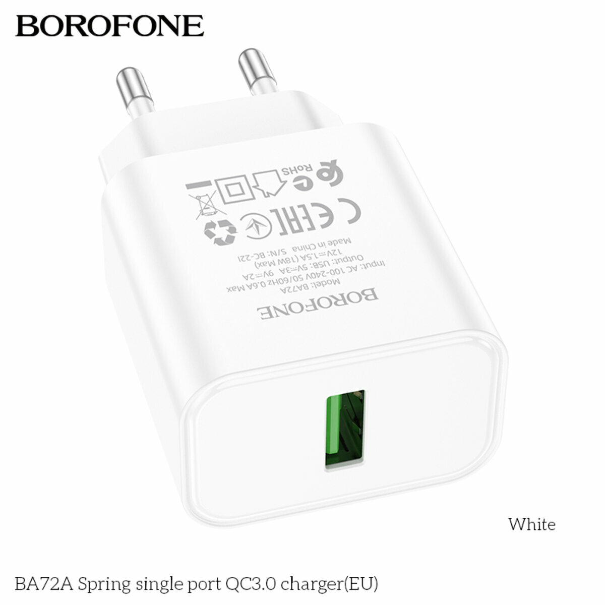 Мережевий зарядний пристрій Borofone BA72A Spring QC3.0 білий (BF-BA72A-White) дивитися фото №4