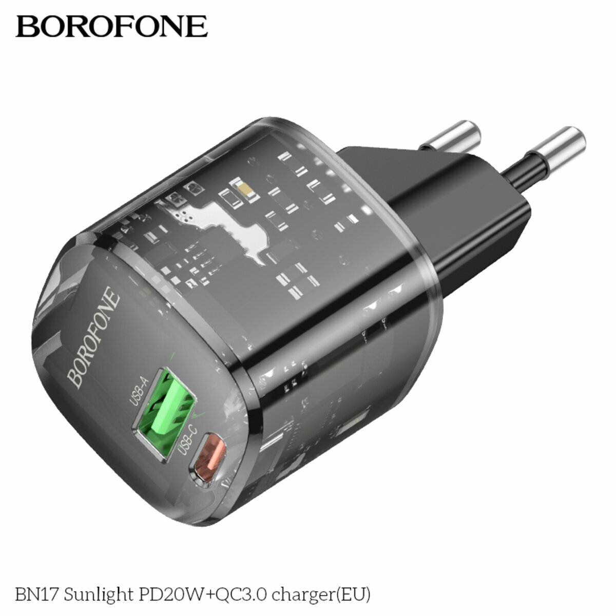 Мережевий зарядний пристрій Borofone BN17 Sunlight PD20W+QC3.0 чорний прозорий (BF-BN17-Black) дивитися фото №3