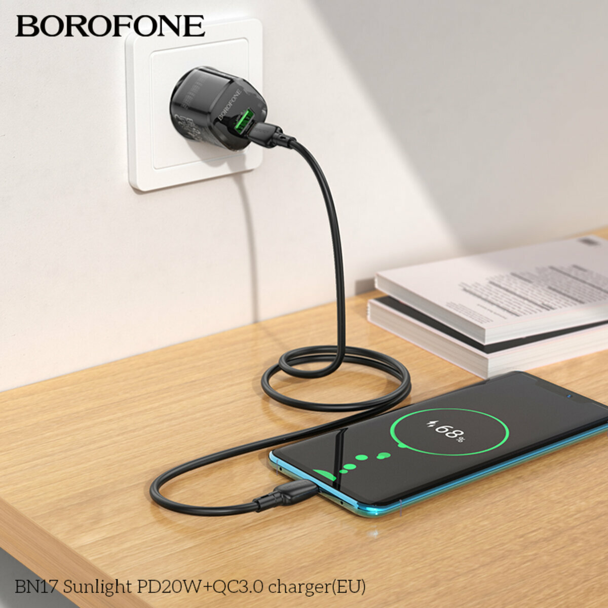 Мережевий зарядний пристрій Borofone BN17 Sunlight PD20W+QC3.0 чорний прозорий (BF-BN17-Black) дивитися фото №5