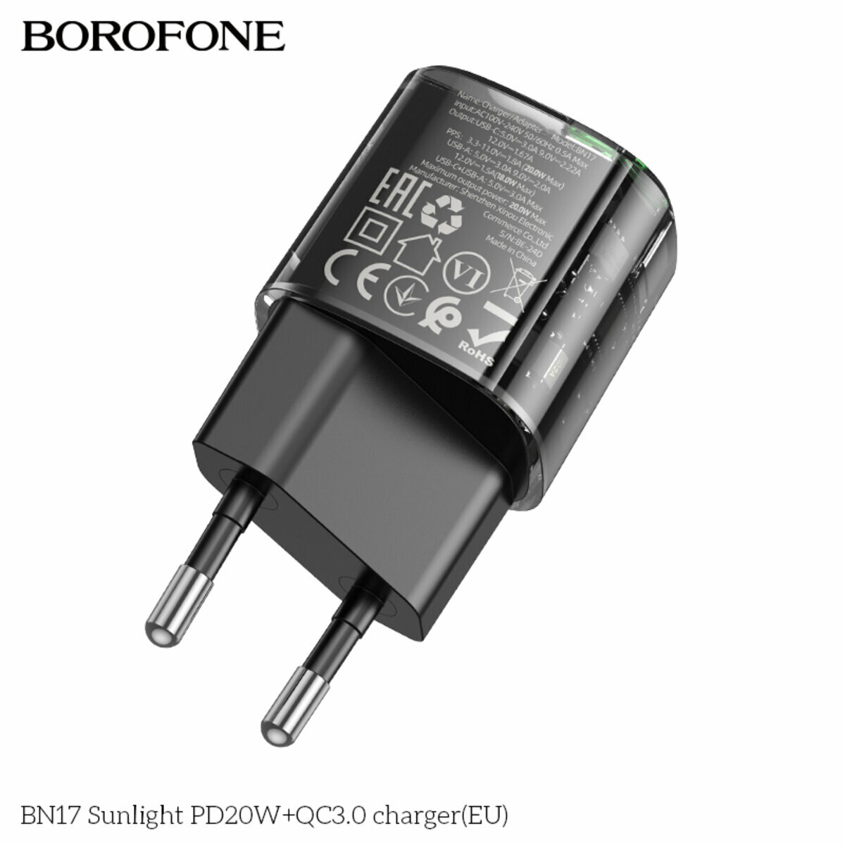 Мережевий зарядний пристрій Borofone BN17 Sunlight PD20W+QC3.0 чорний прозорий (BF-BN17-Black) дивитися фото №4