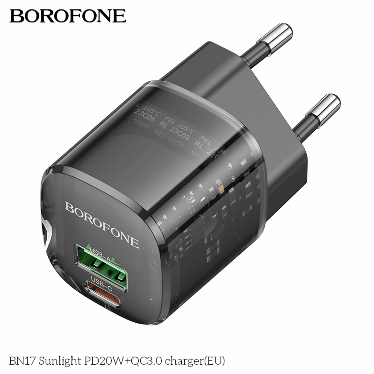 Мережевий зарядний пристрій Borofone BN17 Sunlight PD20W+QC3.0 чорний прозорий (BF-BN17-Black) дивитися фото №8