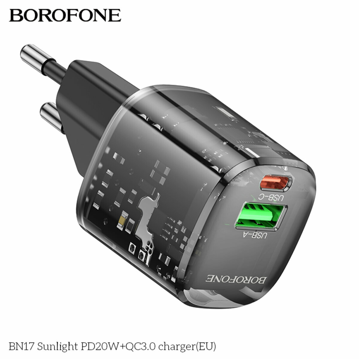 Мережевий зарядний пристрій Borofone BN17 Sunlight PD20W+QC3.0 чорний прозорий (BF-BN17-Black) дивитися фото №2