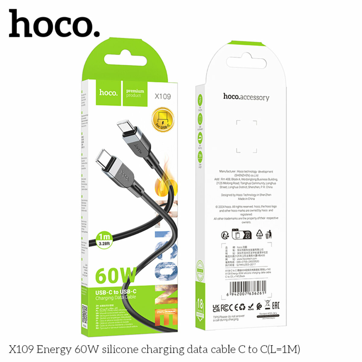Кабель Hoco X109 Energy 60W Type-C to Type-C 1м черный (HC-X109-CC-1m-Black) смотреть фото №3