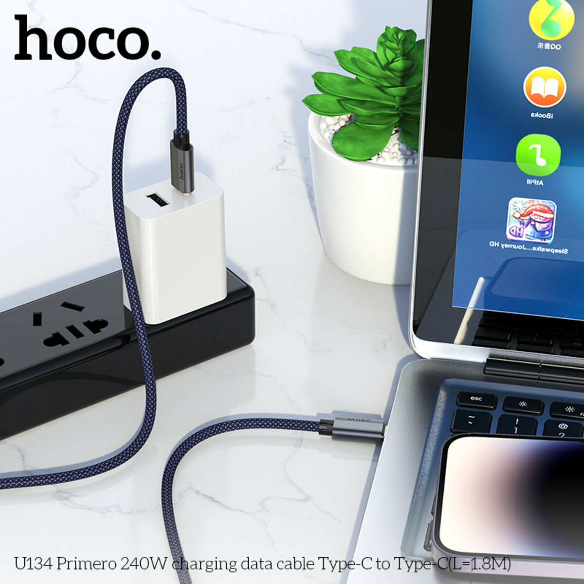 Кабель Hoco U134 Primero 240W Type-C to Type-C 1.8м темно-синий (HC-U134-CC-1.8m-Blue) смотреть фото №3