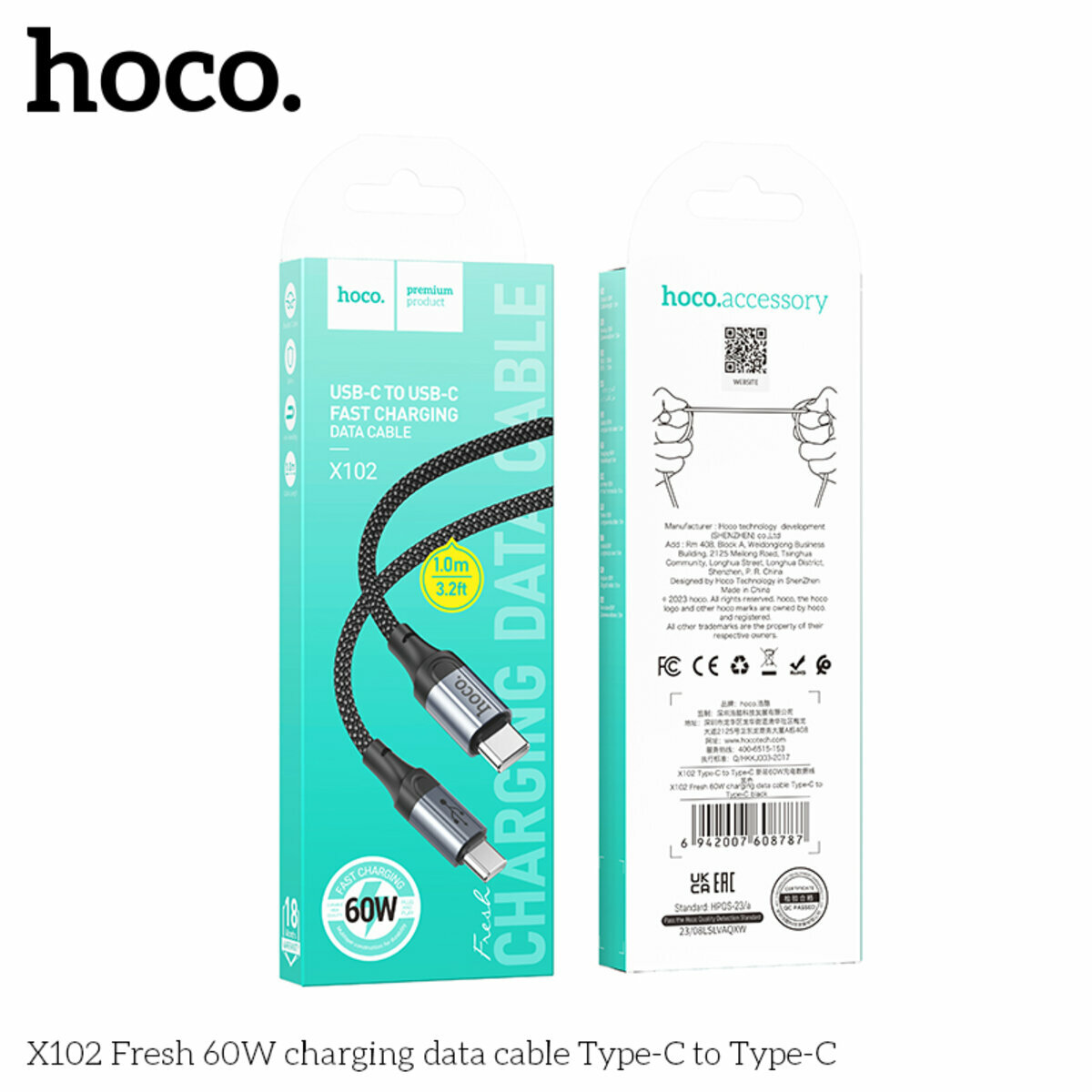 Кабель Hoco X102 Fresh 60W Type-C to Type-C 1м черный (HC-X102-CC-Black) смотреть фото №3