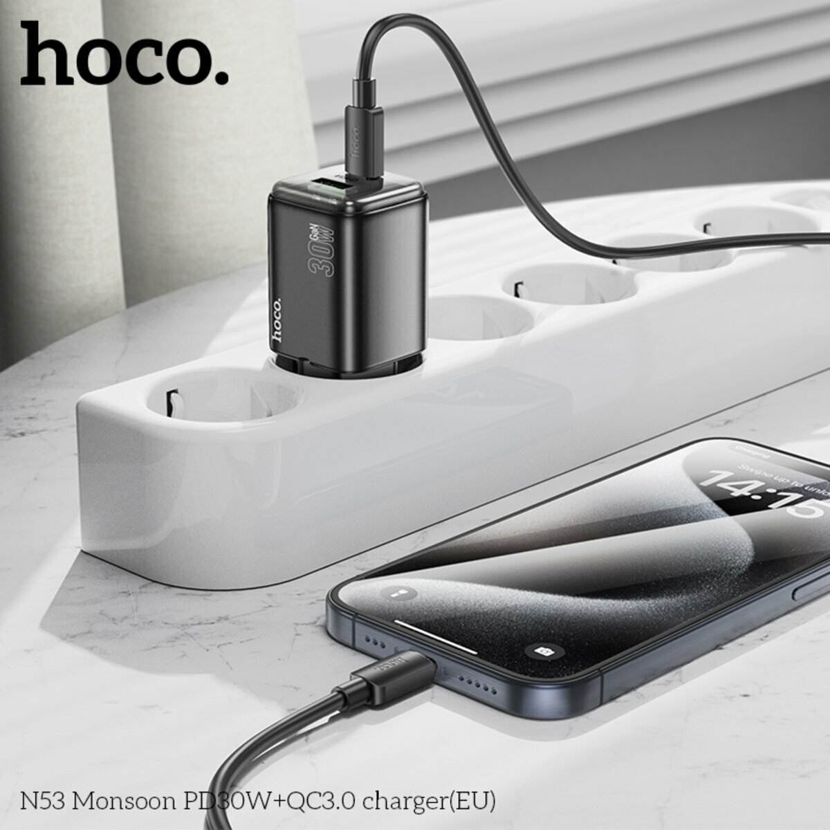 Мережевий зарядний пристрій Hoco N53 Monsoon PD30W+QC3.0 чорний (HC-N53-Black) дивитися фото №3