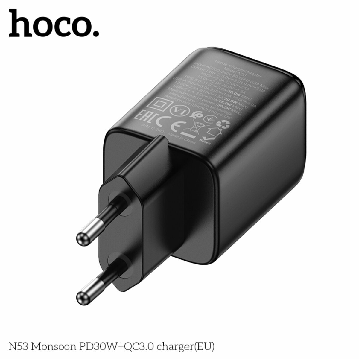 Мережевий зарядний пристрій Hoco N53 Monsoon PD30W+QC3.0 чорний (HC-N53-Black) дивитися фото №5