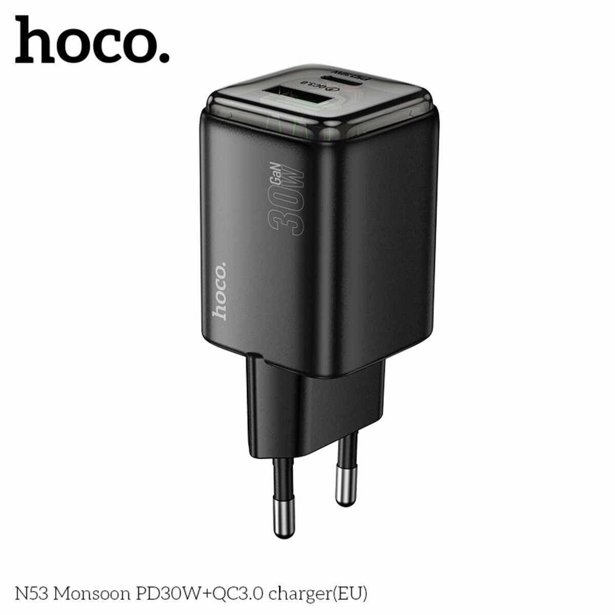 Мережевий зарядний пристрій Hoco N53 Monsoon PD30W+QC3.0 чорний (HC-N53-Black) дивитися фото №6