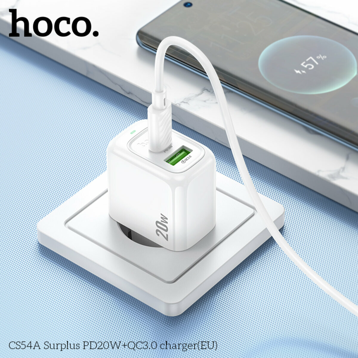 Мережевий зарядний пристрій Hoco CS54A Surplus PD20W+QC3.0 білий (HC-CS54A-White) дивитися фото №8