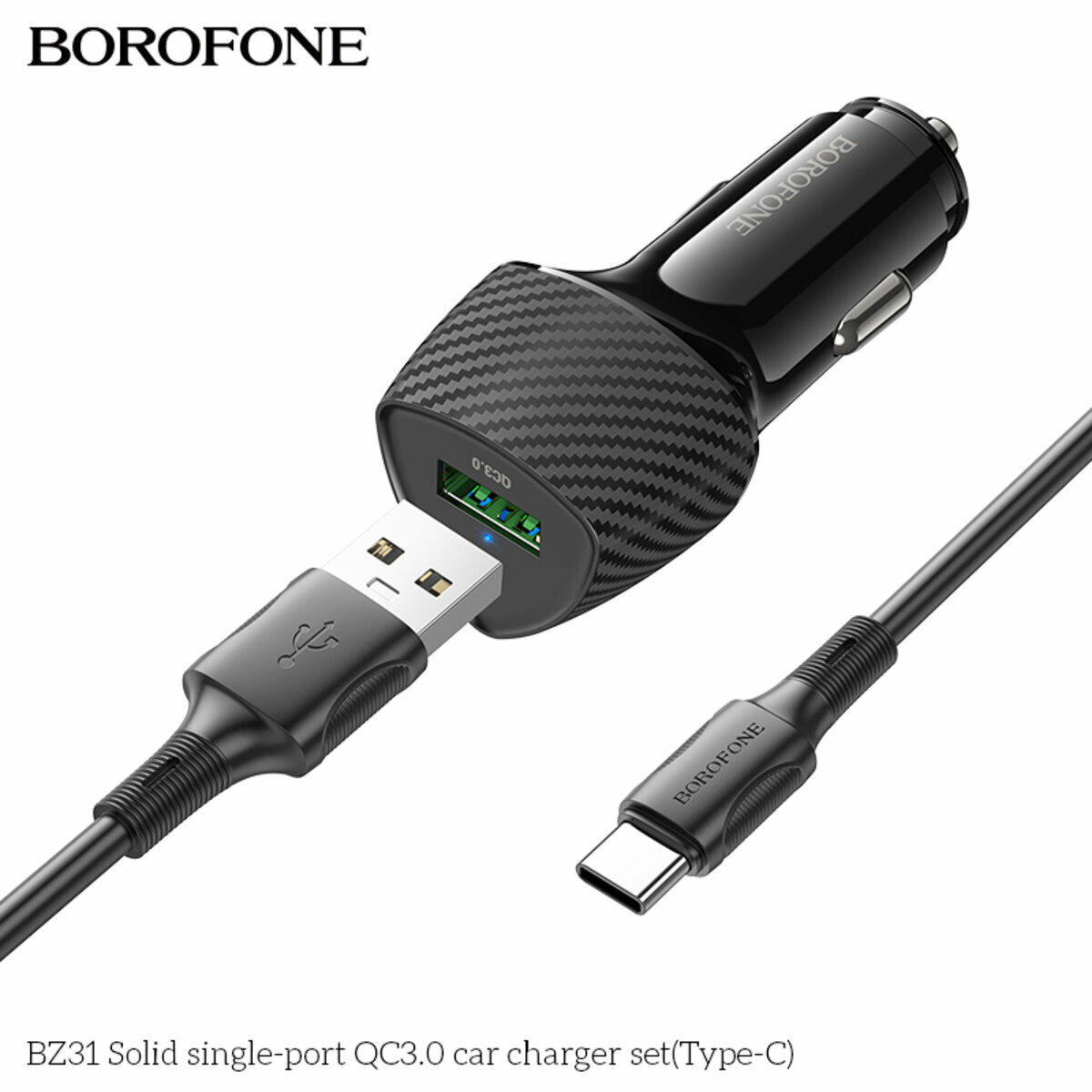 Автомобільний зарядний пристрій Borofone BZ31 Solid QC3.0 + Type-C кабель чорний (BF-BZ31-UC-Black) дивитися фото №7