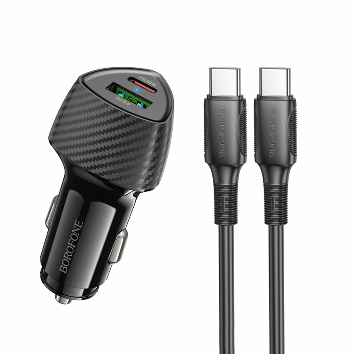 Автомобільний зарядний пристрій Borofone BZ31C Solid PD30W+QC3.0 + Type-C кабель чорний (BF-BZ31C-CC-Black) дивитися фото №1