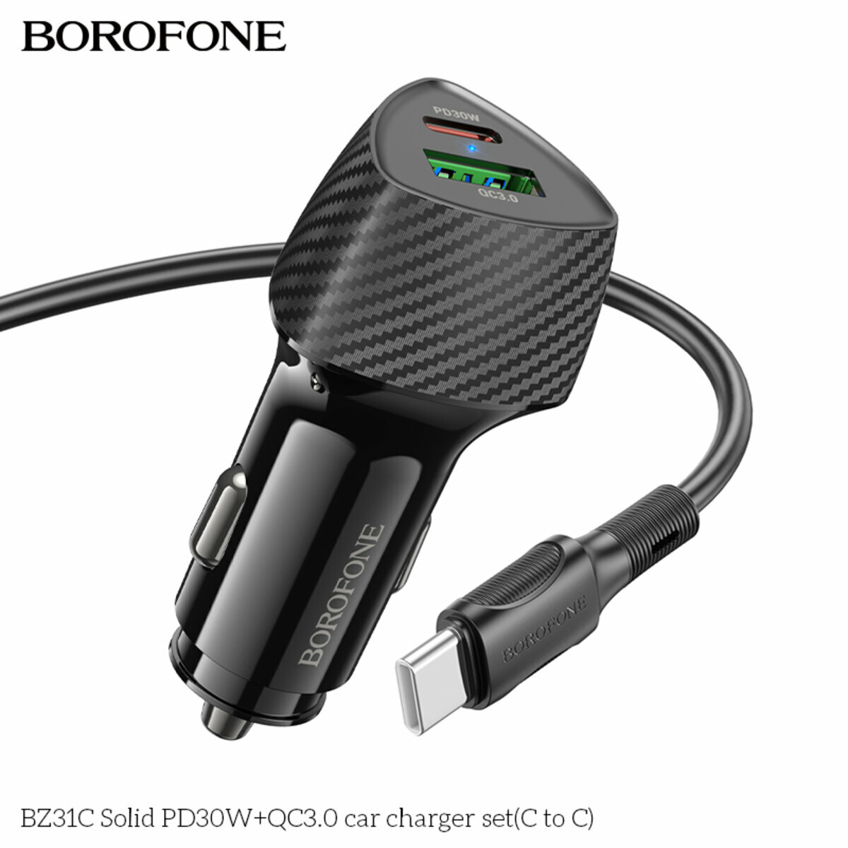 Автомобільний зарядний пристрій Borofone BZ31C Solid PD30W+QC3.0 + Type-C кабель чорний (BF-BZ31C-CC-Black) дивитися фото №2