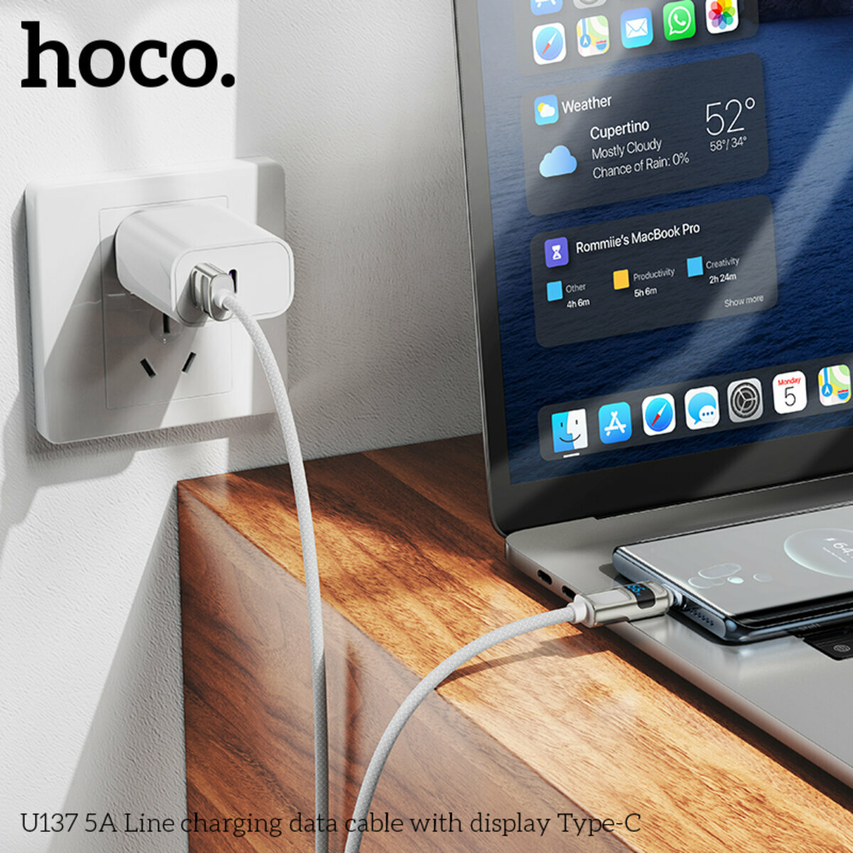 Кабель Hoco U137 5A Line с дисплеем USB to Type-C 1.2м черный (HC-U137-UC-Black) смотреть фото №3