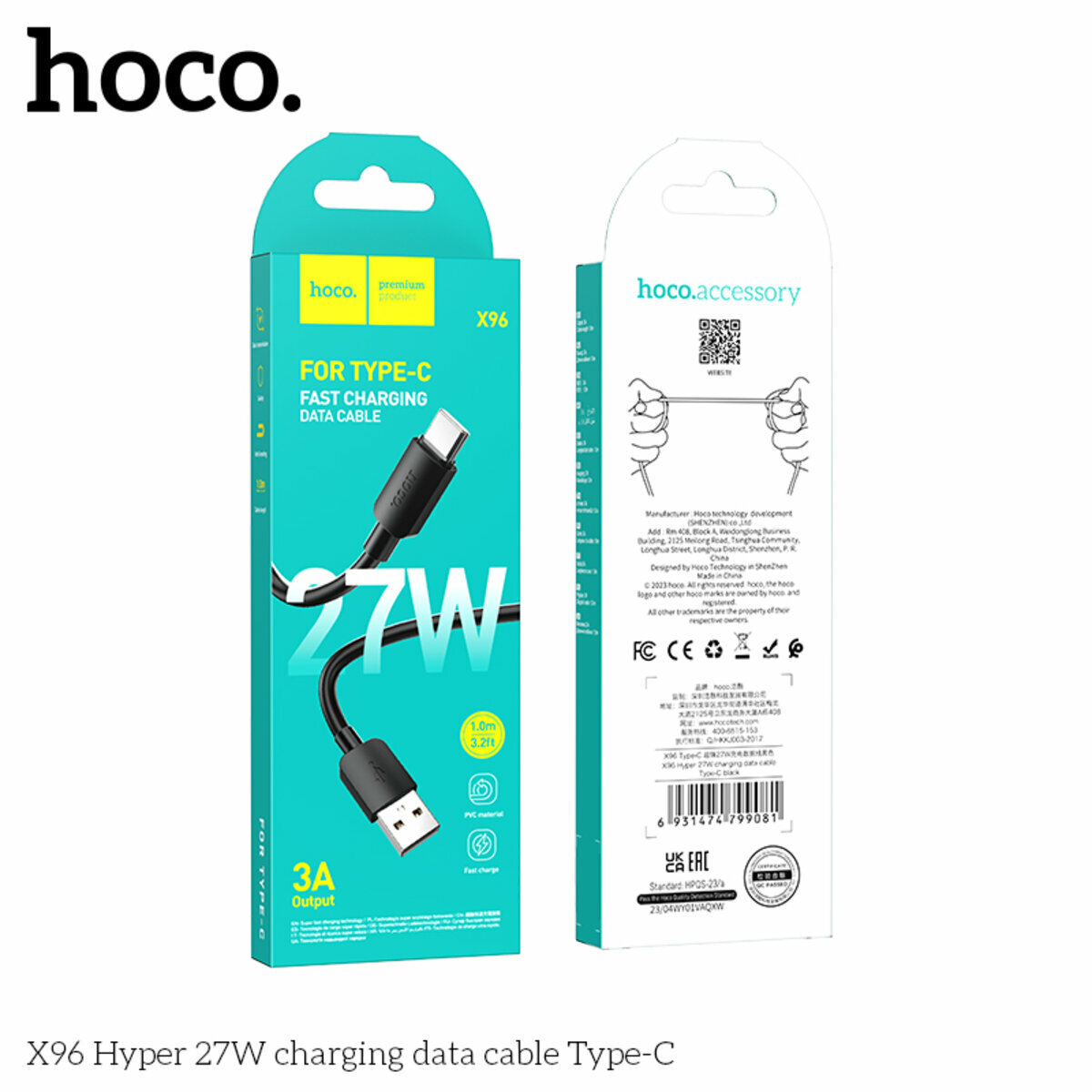 Кабель Hoco X96 Hyper USB to Type-C 27W 1м черный (HC-X96-UC-Black) смотреть фото №2