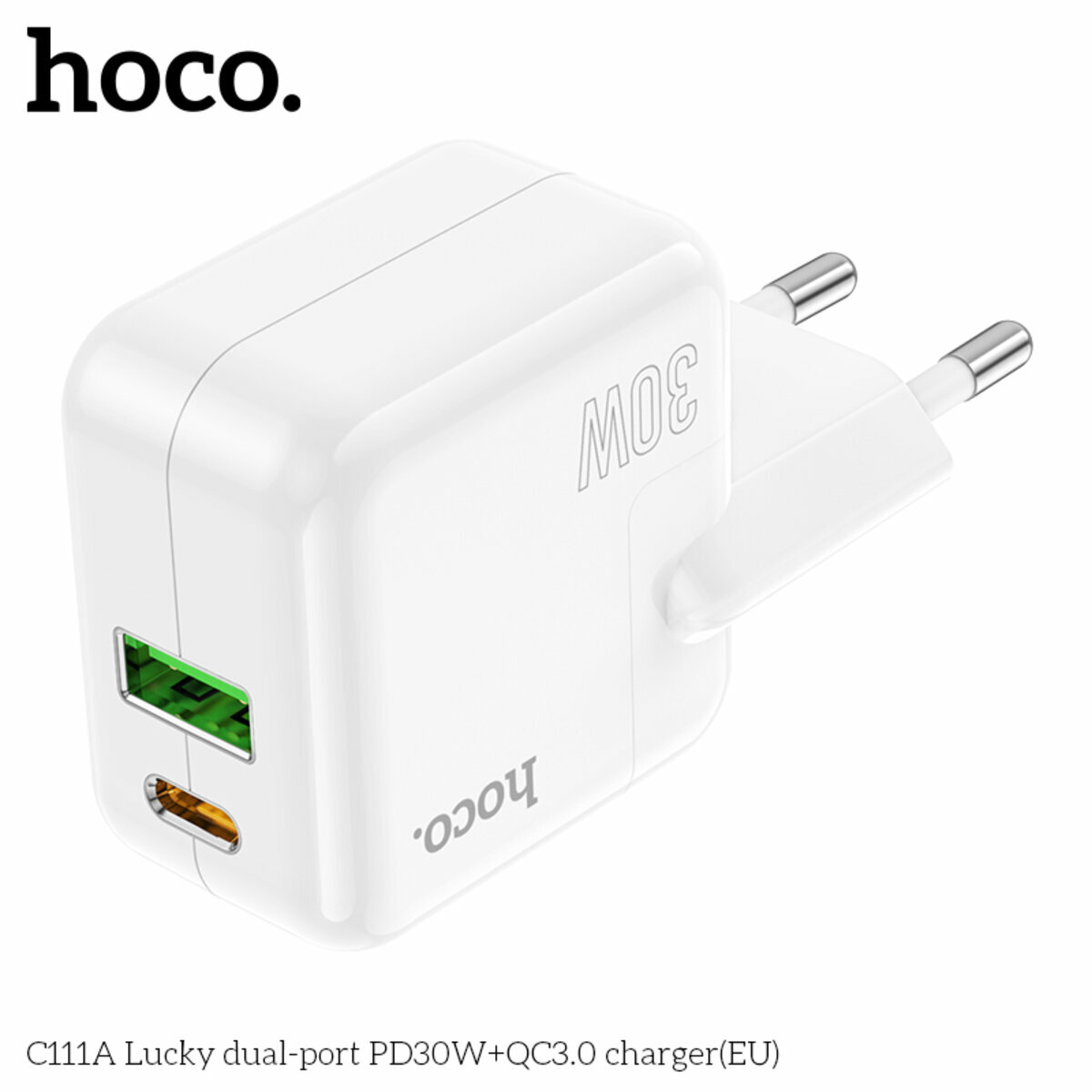 Мережевий зарядний пристрій Hoco C111A Lucky PD30W+QC3.0 білий (HC-C111A-White) дивитися фото №8