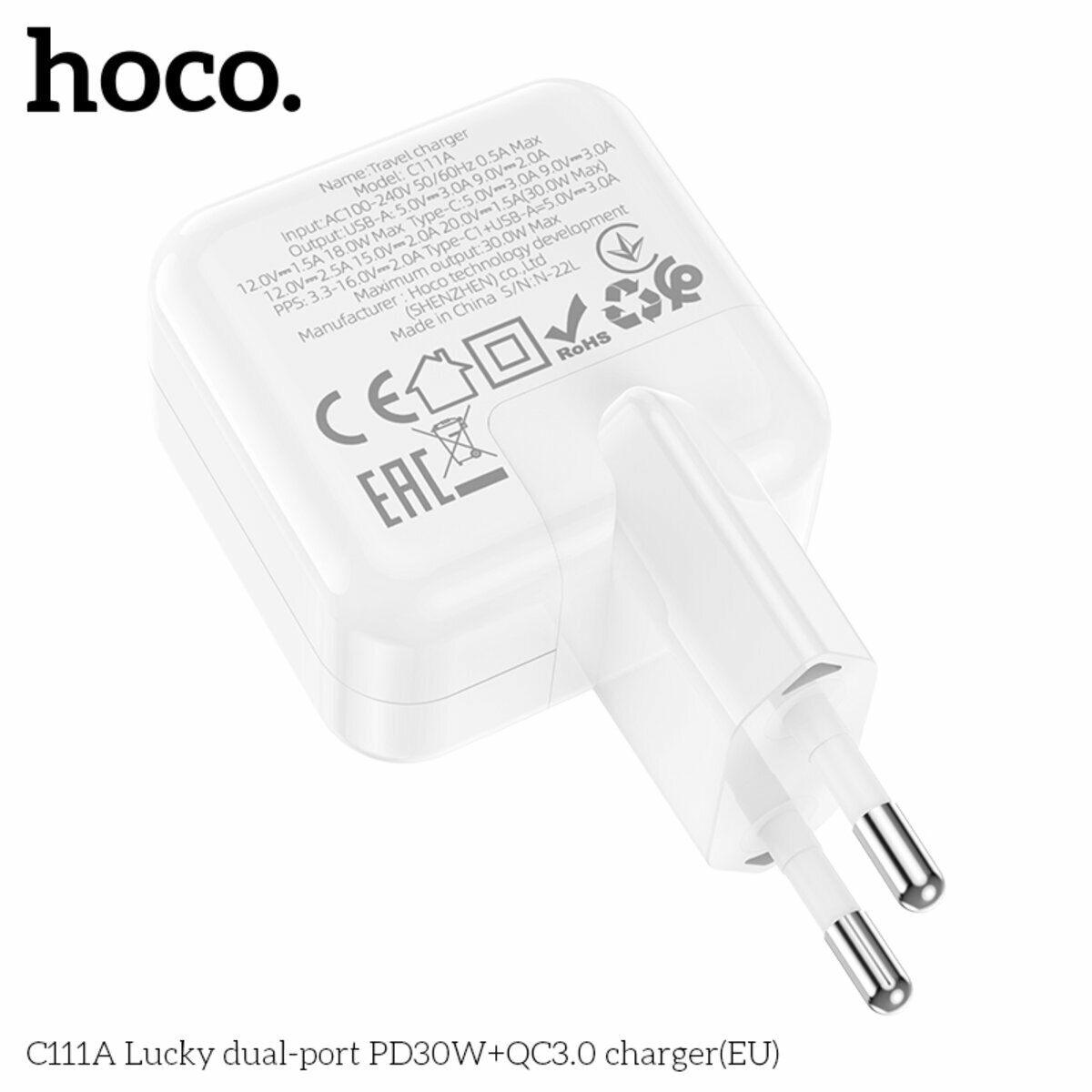 Мережевий зарядний пристрій Hoco C111A Lucky PD30W+QC3.0 білий (HC-C111A-White) дивитися фото №5
