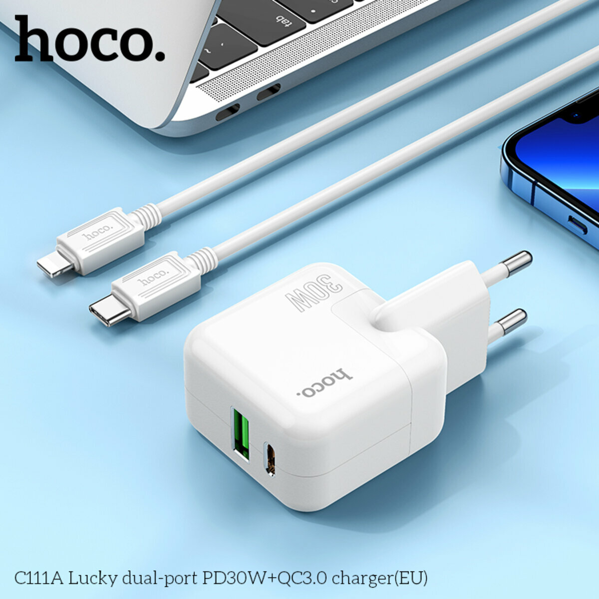 Мережевий зарядний пристрій Hoco C111A Lucky PD30W+QC3.0 білий (HC-C111A-White) дивитися фото №4