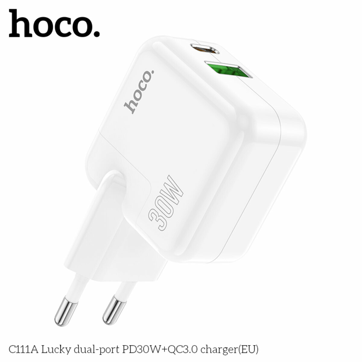 Мережевий зарядний пристрій Hoco C111A Lucky PD30W+QC3.0 білий (HC-C111A-White) дивитися фото №6