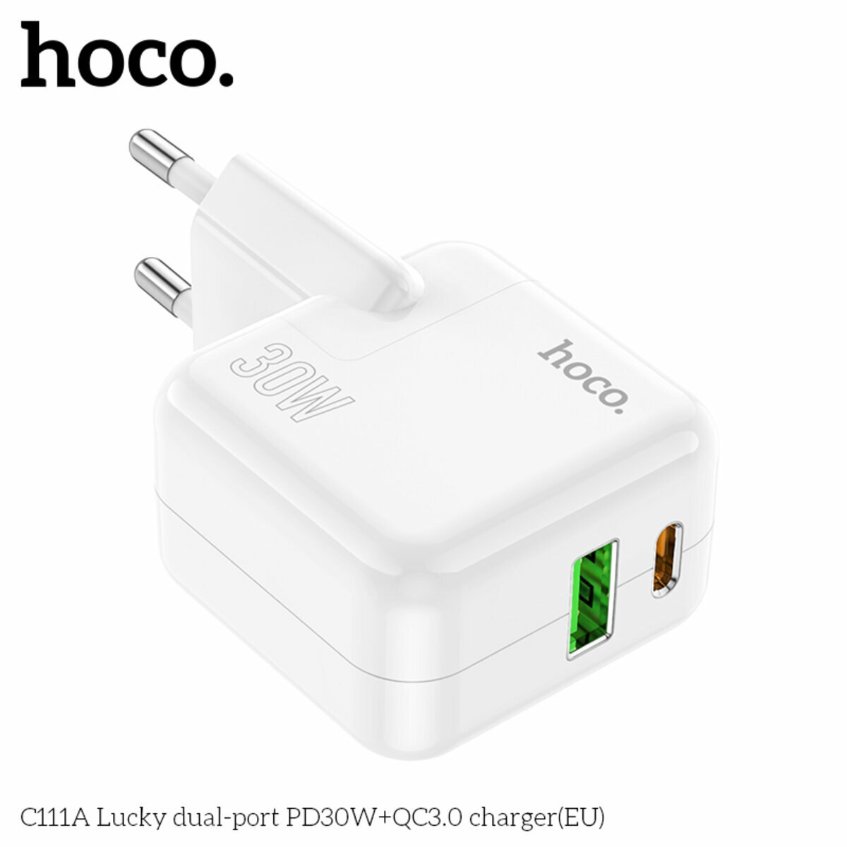 Мережевий зарядний пристрій Hoco C111A Lucky PD30W+QC3.0 білий (HC-C111A-White) дивитися фото №7