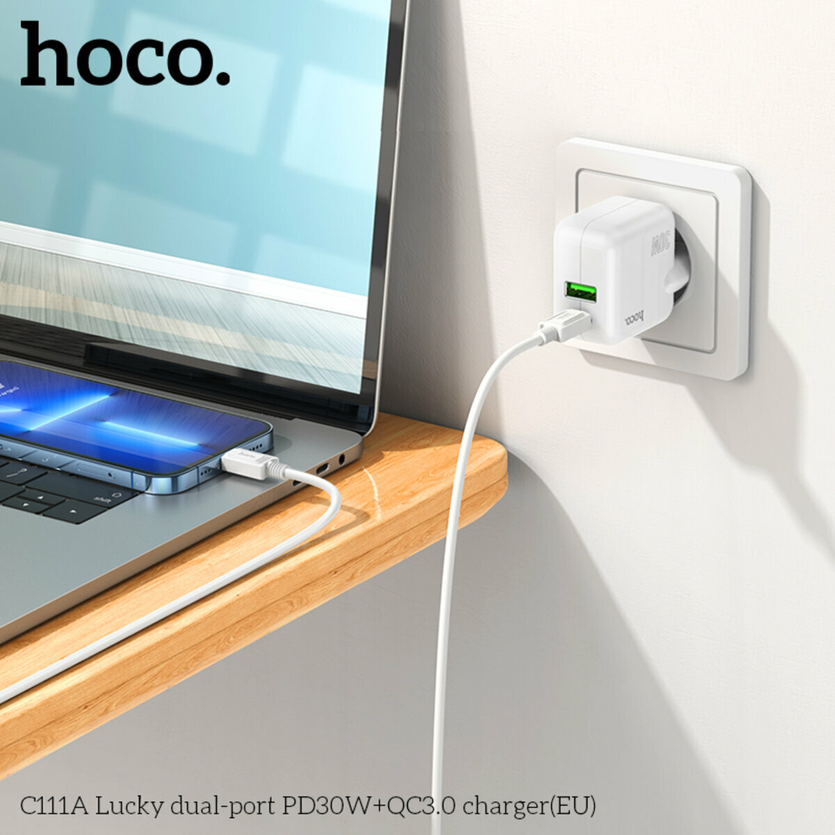 Мережевий зарядний пристрій Hoco C111A Lucky PD30W+QC3.0 білий (HC-C111A-White) дивитися фото №3