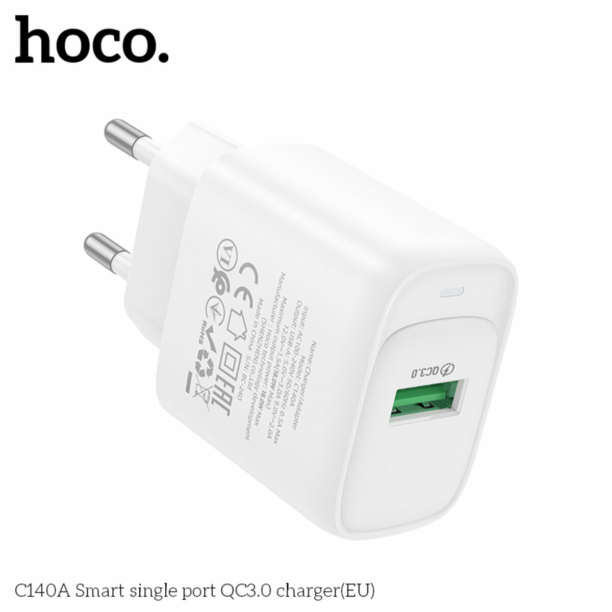 Мережевий зарядний пристрій Hoco C140A Smart QC3.0 білий (HC-C140A-White) дивитися фото №2