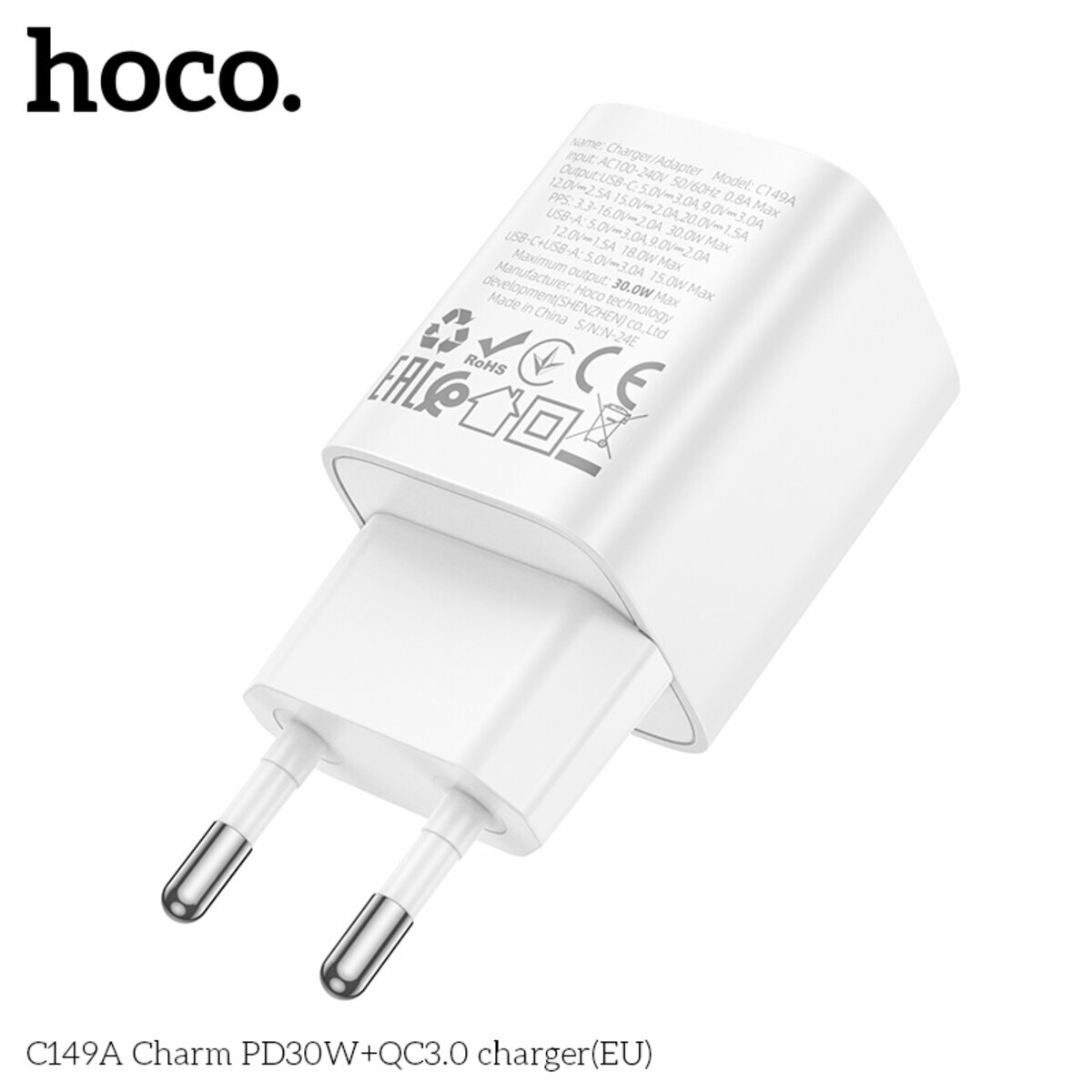 Мережевий зарядний пристрій Hoco C149A Charm PD30W+QC3.0 білий (HC-C149A-White) дивитися фото №3