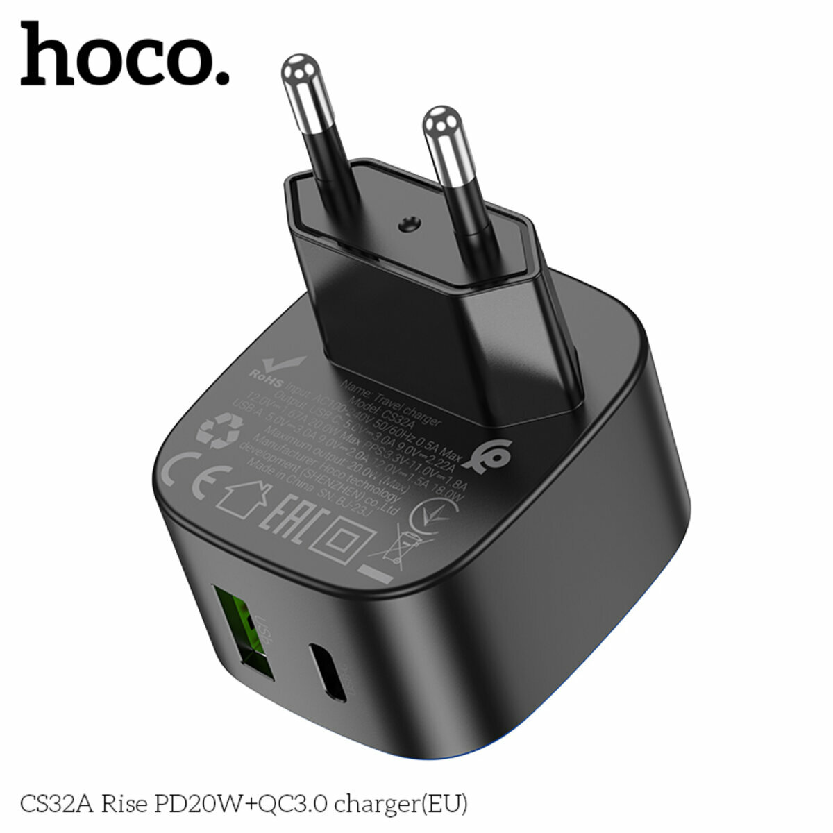 Мережевий зарядний пристрій Hoco CS32A Rise PD20W+QC3.0 чорний (HC-CS32A-Black) дивитися фото №5