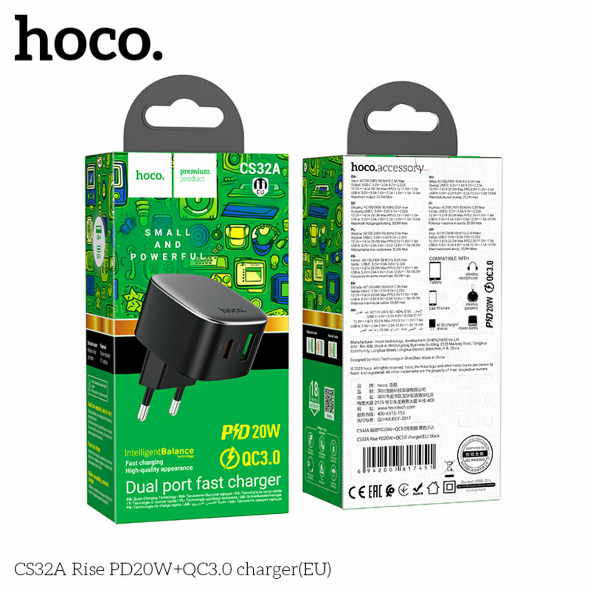 Мережевий зарядний пристрій Hoco CS32A Rise PD20W+QC3.0 чорний (HC-CS32A-Black) дивитися фото №2