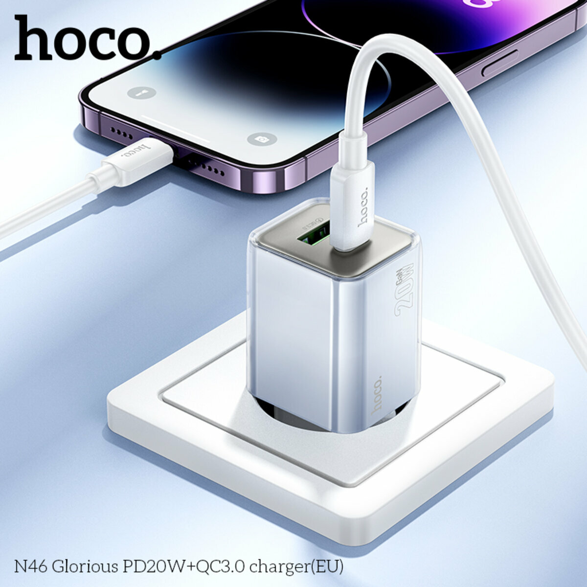 Мережевий зарядний пристрій Hoco N46 Glorious PD20W+QC3.0 білий (HC-N46-White) дивитися фото №3