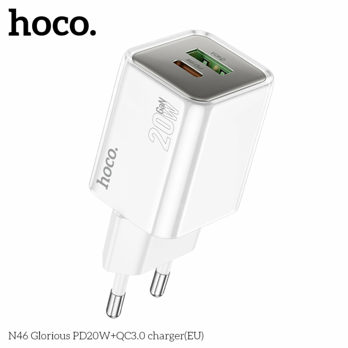 Мережевий зарядний пристрій Hoco N46 Glorious PD20W+QC3.0 білий (HC-N46-White) дивитися фото №2