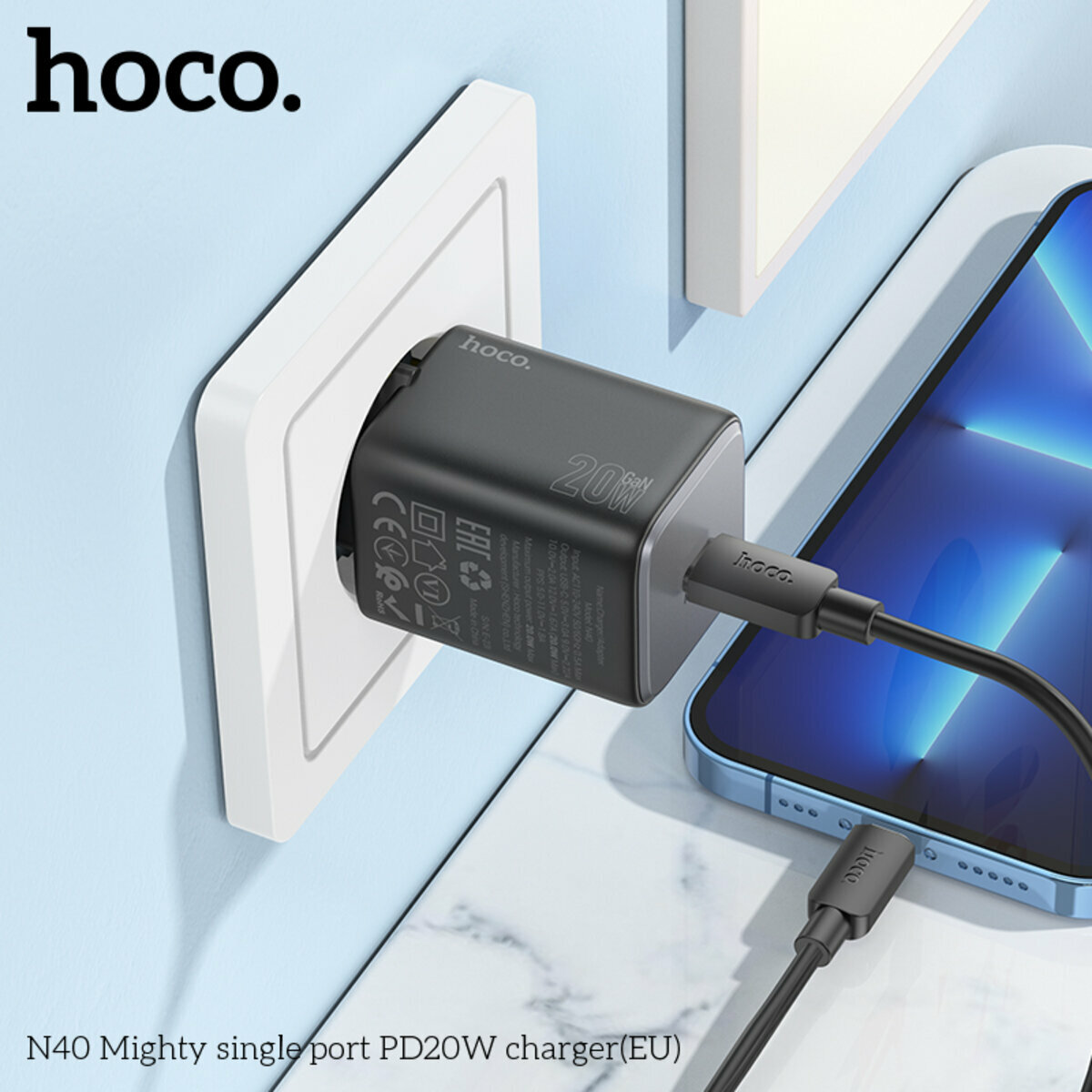 Мережевий зарядний пристрій Hoco N40 Mighty PD20W чорний (HC-N40-Black) дивитися фото №2