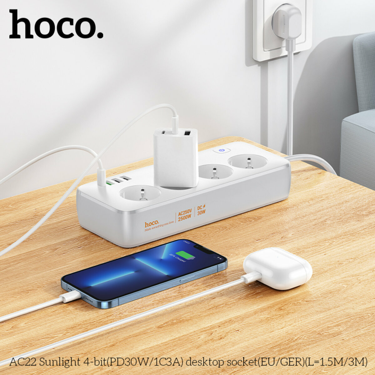 Сетевой фильтр Hoco AC22 Sunlight (4 розетки+3USB-A+USB-C) PD30W 1,5м черный (HC-AC22-Black) смотреть фото №3