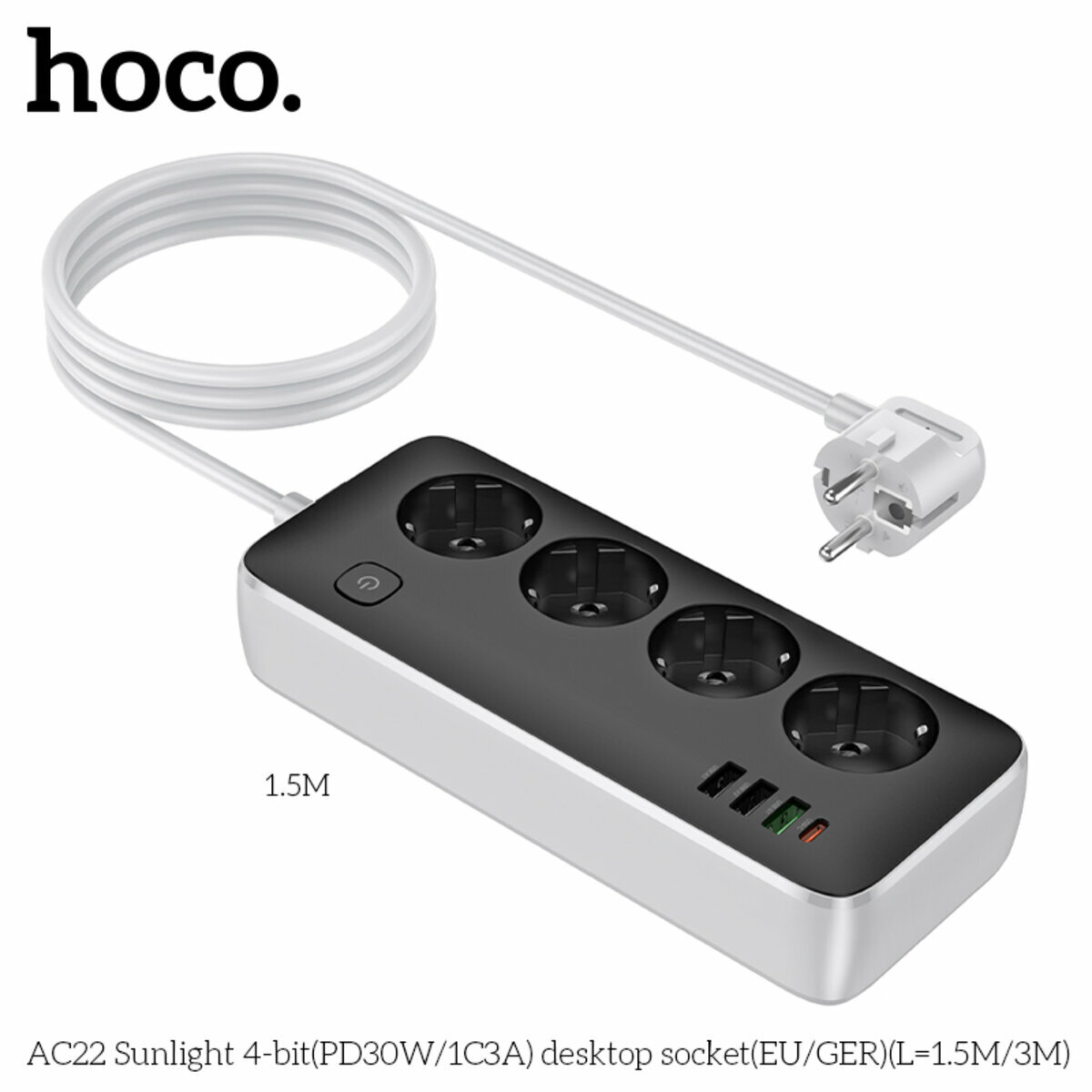 Сетевой фильтр Hoco AC22 Sunlight (4 розетки+3USB-A+USB-C) PD30W 1,5м черный (HC-AC22-Black) смотреть фото №5