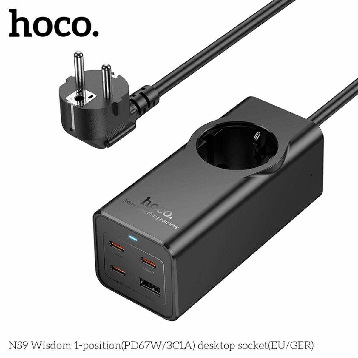 Сетевой фильтр Hoco NS9 Wisdom (1 розетка+USB-A+3USB-C) PD67W 2м черный (HC-NS9-Black) смотреть фото №4
